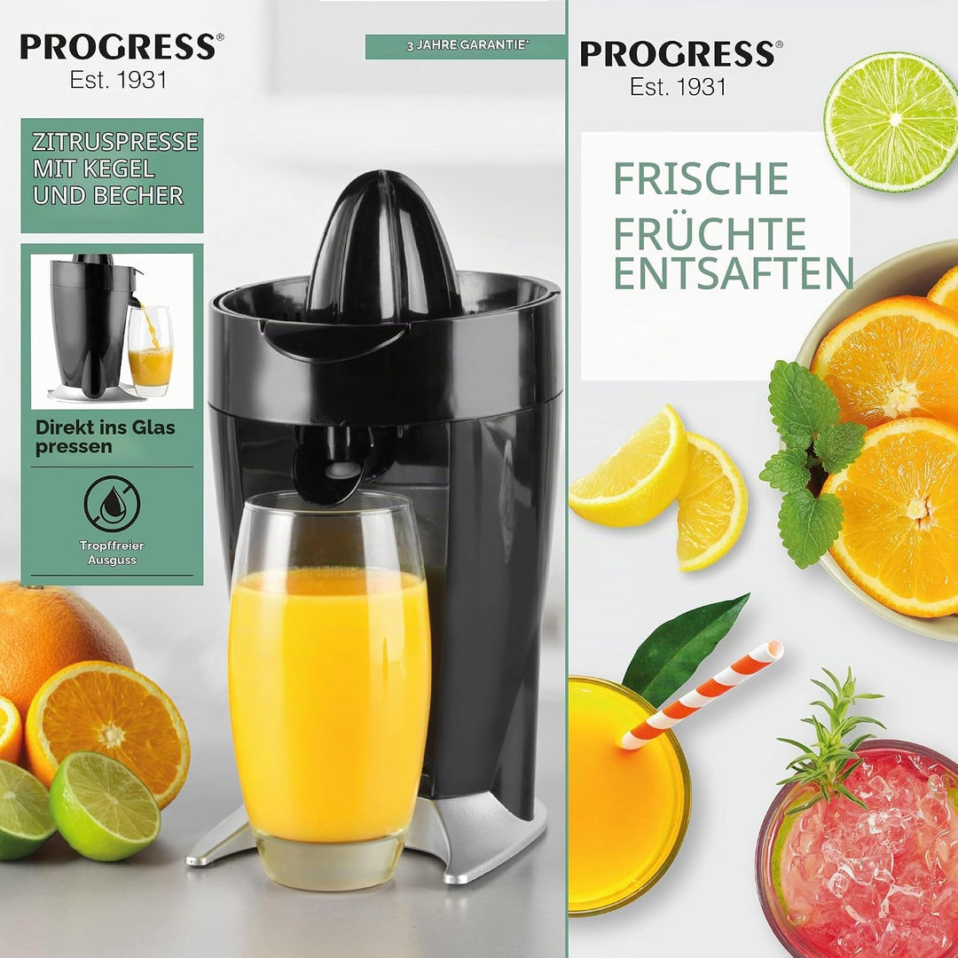 Progress Zitruspresse Elektrisch &amp; Orangenpresse 60W, Saftpresse Elektrisch mit 2 Presskegel, Zitrus