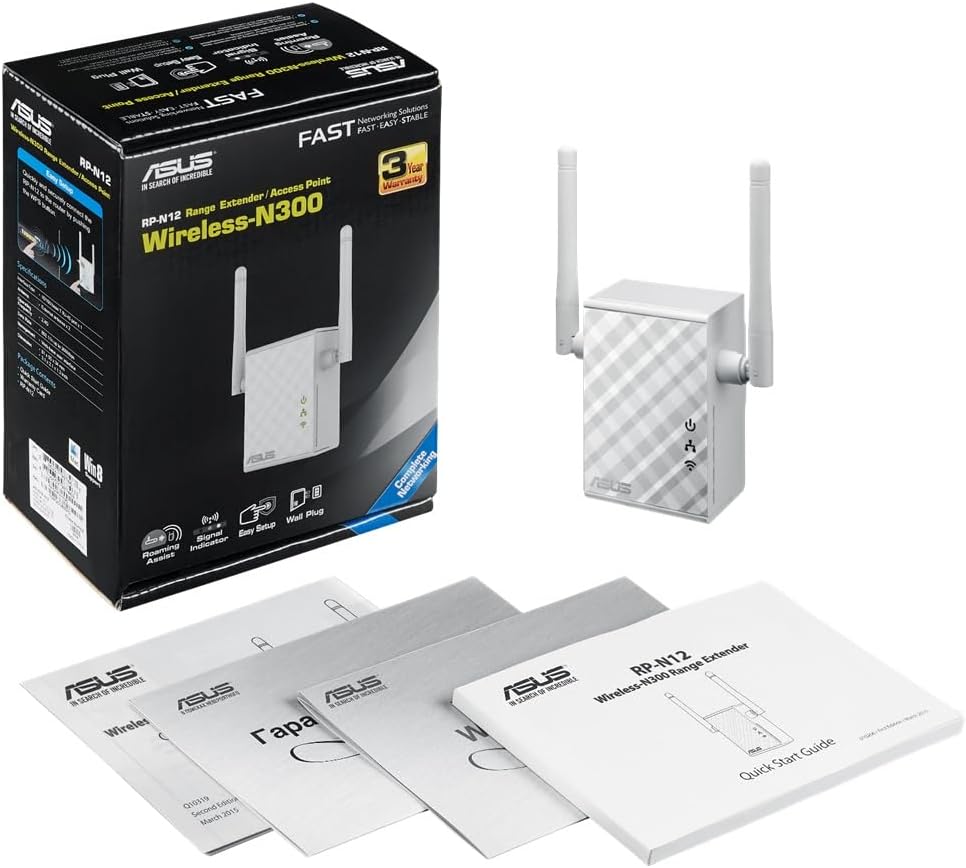 Asus RP-N12 Repeater (Wi-Fi 4 N300, WLAN Reichweitenverlängerung, Power-Schalter, 2 externe Antennen
