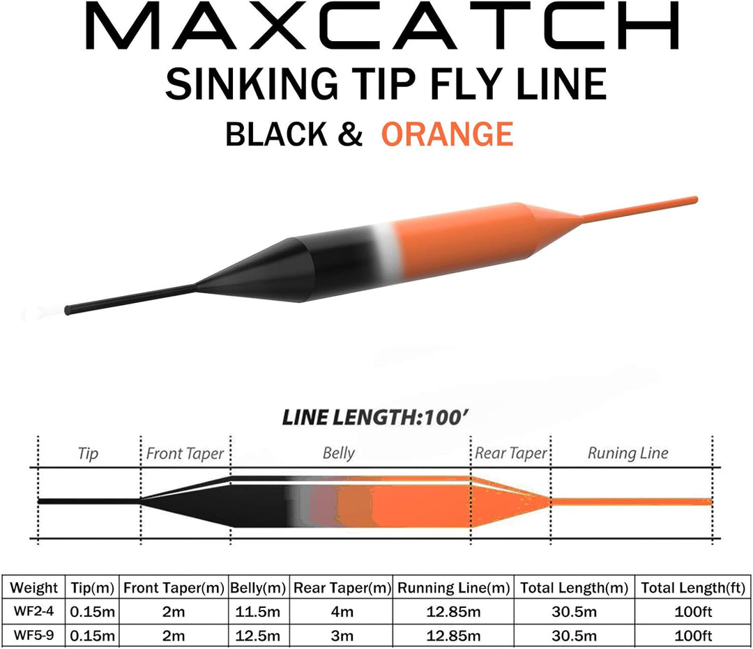 Maximumcatch Sinken-Spitze Fliegenschnur für Fliegenfischen, 3ips, 4/5/6/7/8 F/S Orange/schwarz WF-5