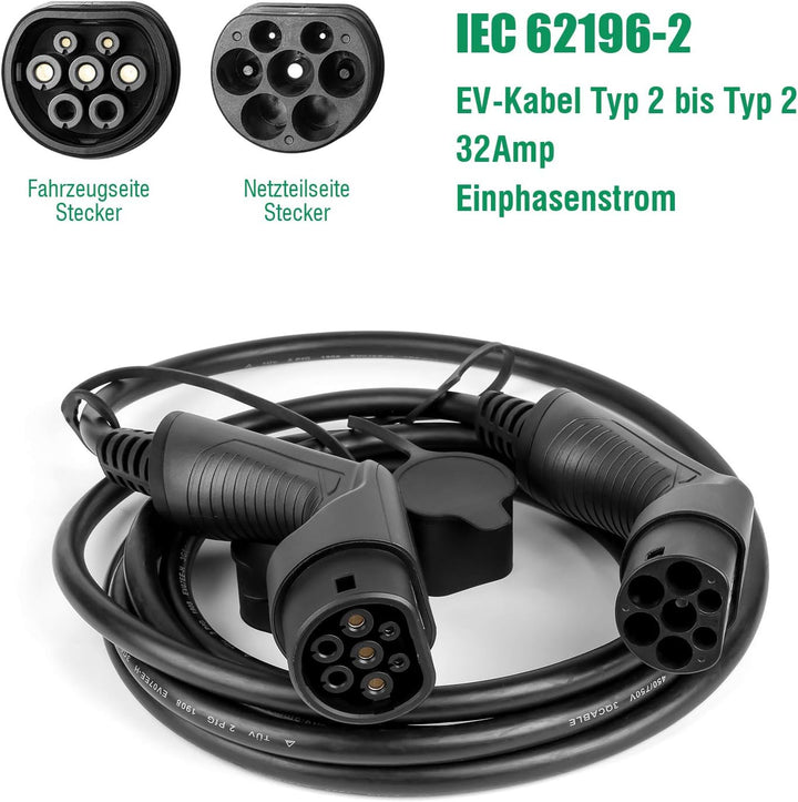 Elektroauto Ladekabel 32A 7,4kW, einphasig, Typ 2 auf Typ 2 (IEC 62196-2), 5m, kompatibel mit Allen