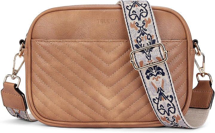 Telena Damen Handy Umhängetasche, Crossbody Bag mit verstellbarem Breiter Gurt, PU Leder Gesteppte U