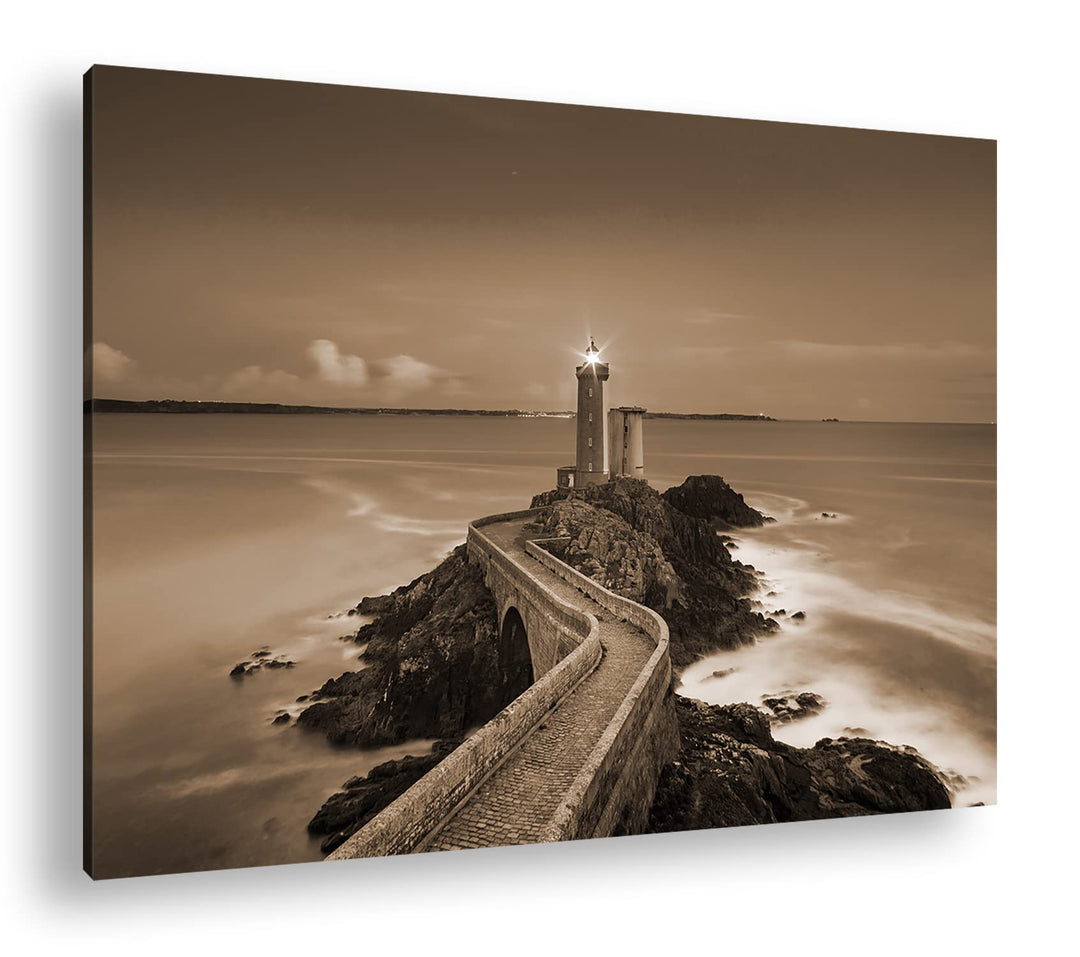 deyoli steiniger Weg zum Leuchtturm Effekt: Sepia, Format: 80x60 als Leinwandbild, Motiv fertig gera