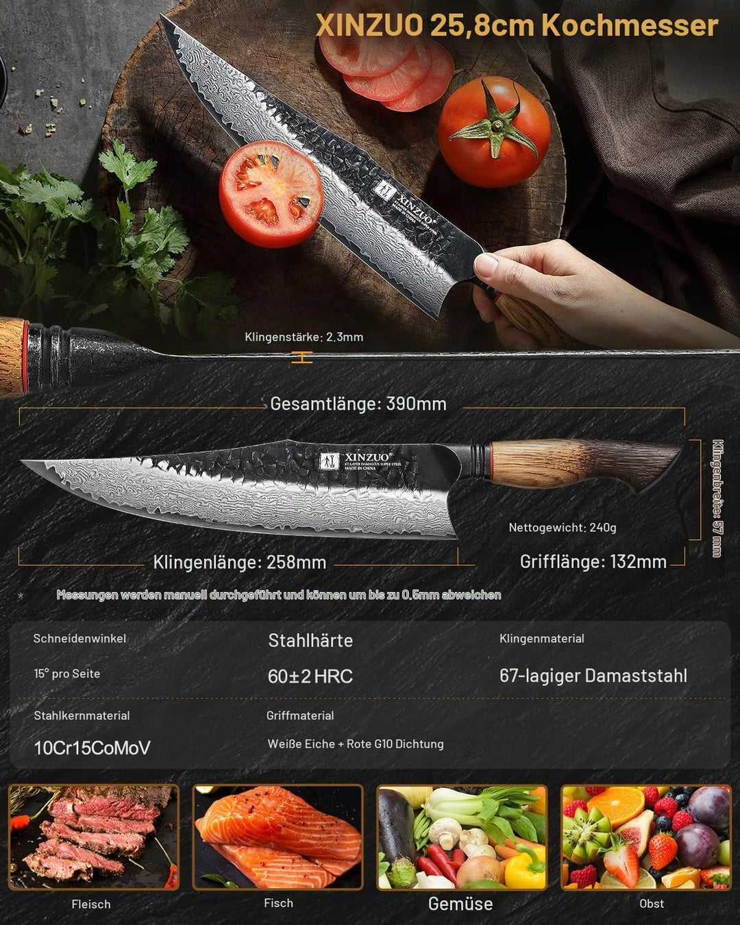 XINZUO 25,8cm Damaststahl Kochmesser Handgeschmiedet 67 Schichten Damastmesser -Profi Scharfe Küchen