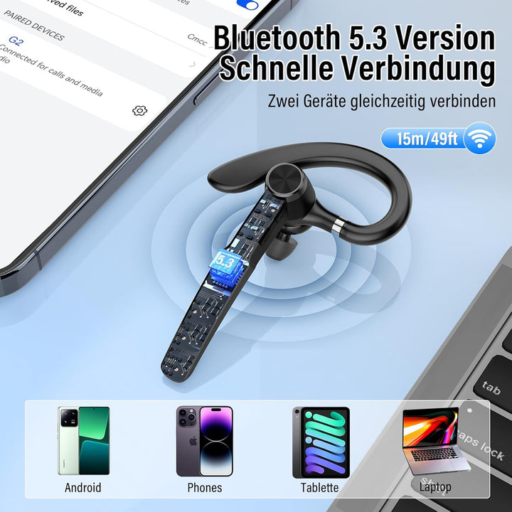 Bluetooth Headset Wireless Freisprech Telefon, 5.3 Bluetooth Headset Handy mit 60H Spielzeit, ENC Du