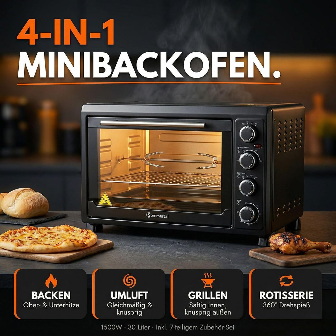 Sommertal Minibackofen 45L | 2000W, Drehspiess, Umluft, 100-230°C, 60min | Hähnchengrill, Konvektion