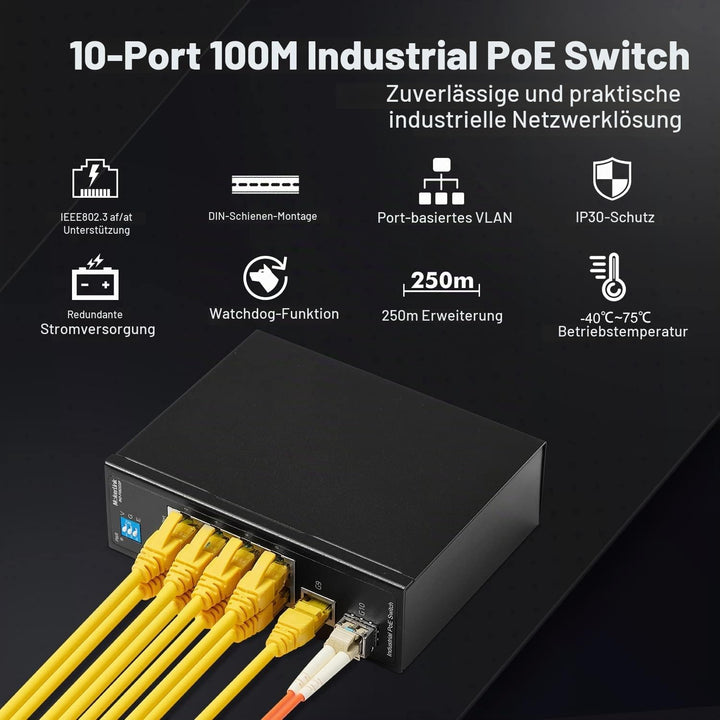MokerLink 10 Port PoE Industrial Din Rail Switch, 8 Ports PoE+ 100Mbps IEEE802.3af/at, 1 Gigabit Eth