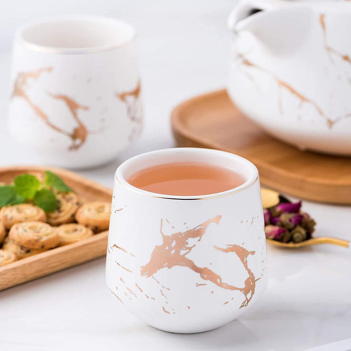 KKGUD Japanischer Stil Keramik Teeset, elegante Teekanne und 4 Teetassen mit Holztablett für Nachmit