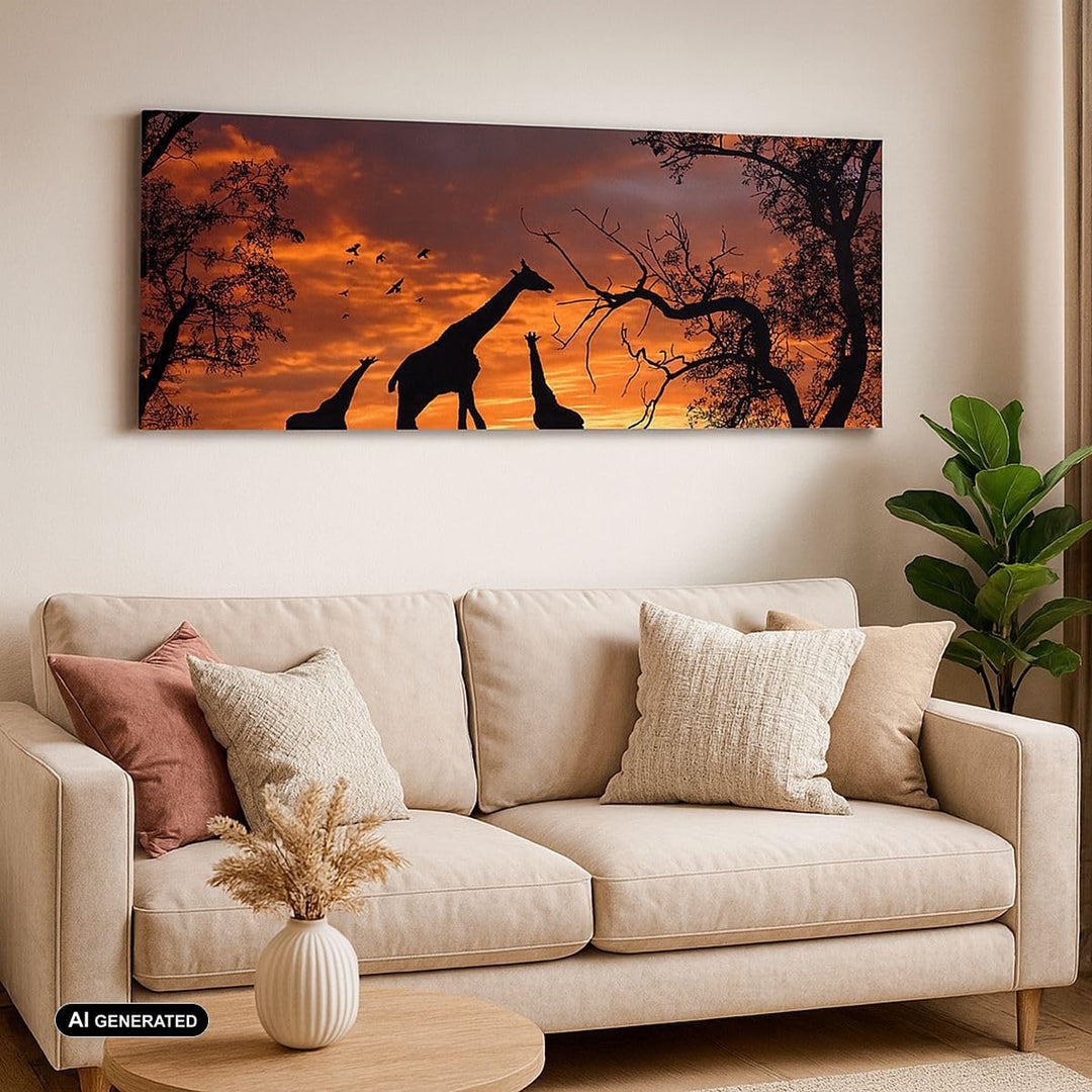 Wandbilder Dekoration Wohnzimmer Giraffe Afrika Sonne Safari Panorama Bilder auf Leinwand 120x50cm L