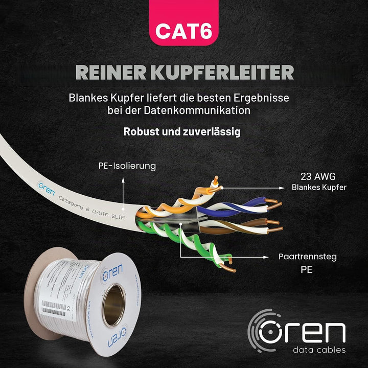Oren CAT6 100m Ethernet Kabel Weiss - Schlank - 23 AWG Reines Kupferdraht - 250 MHz Bandbreite UTP I