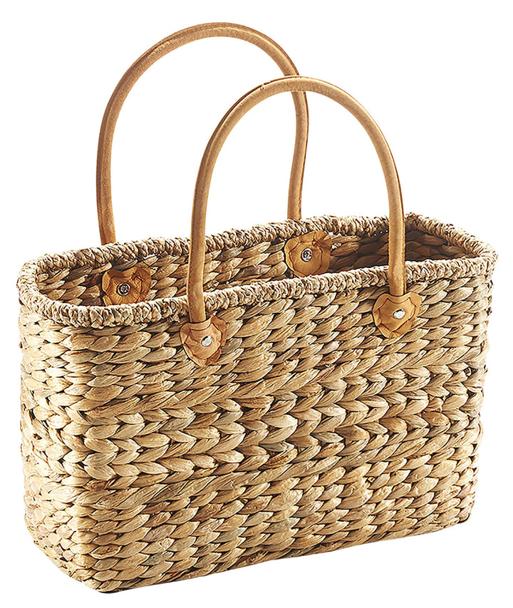 Kobolo - Korbtasche aus Wasserhyazinthe mit Lederhenkeln - 38x16x24 cm - Handgefertigte Strandtasche
