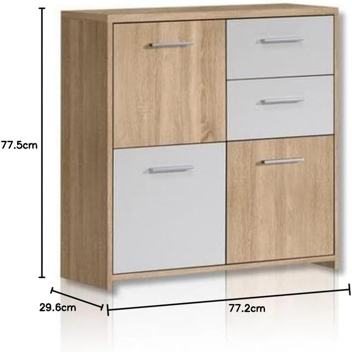 FORTE Quadro Kommode mit 3 Türen und 2 Schubladen, Holzwerkstoff, Sonoma Eiche / Weiss, 77.2 x 29.6