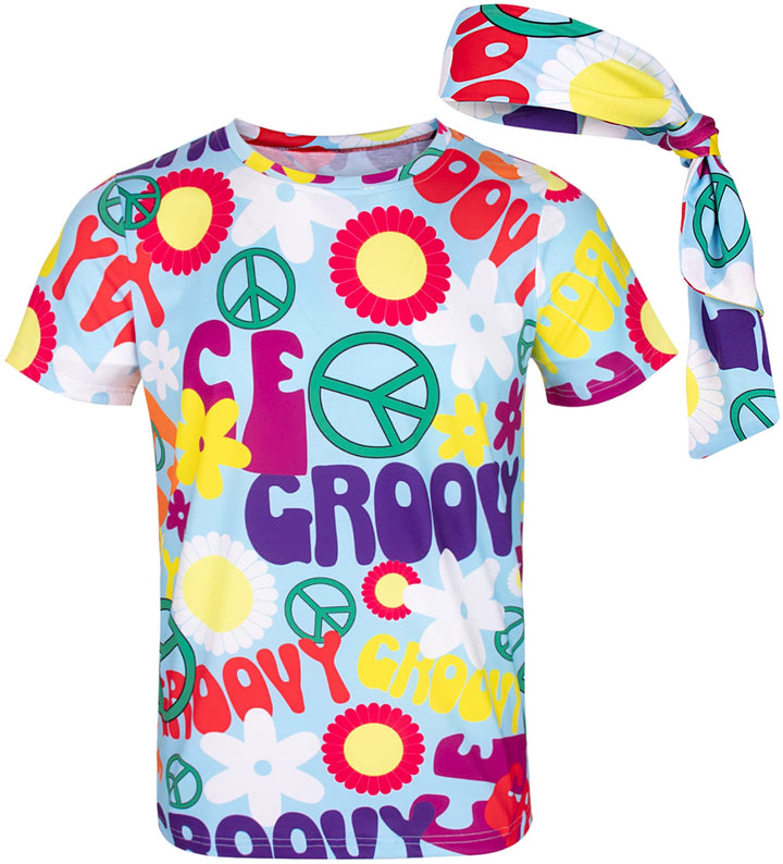 COSAVOROCK Herren 60er 70er Jahre Groovy Hippie Kostüm T-Shirts mit Stirnbänder 3XL Peace, 3XL Peace