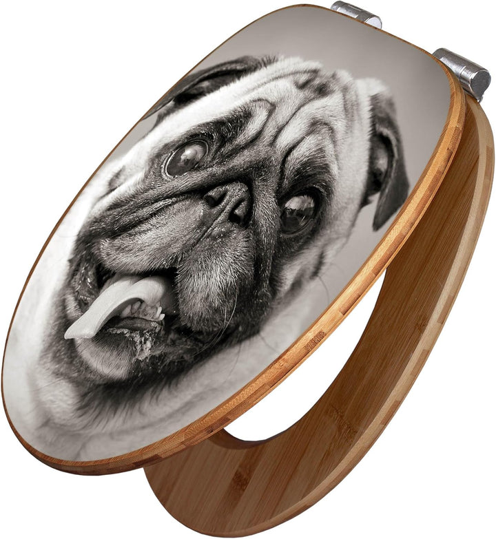 banjado® Design WC Sitz Bambus Absenkautomatik mit Motiv Mops Porträt/Toilettendeckel mit Absenkauto