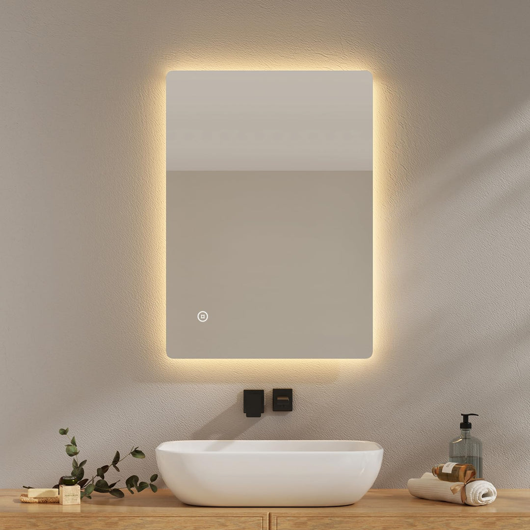 EMKE Badspiegel mit Beleuchtung 50x70cm, Badezimmerspiegel mit Beschlagfrei, 3 Lichtfarben dimmbar,