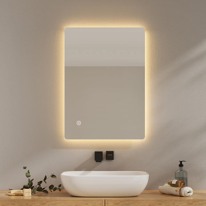 EMKE Badspiegel mit Beleuchtung 50x70cm, Badezimmerspiegel mit Beschlagfrei, 3 Lichtfarben dimmbar,