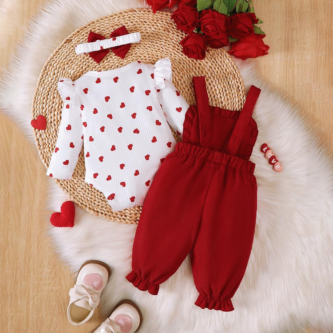 Baby Mädchen Kleidung Langarmshirt Stehkragen Rüschen Cordhose Trägern 3-6 Monate Claret Heart, 3-6