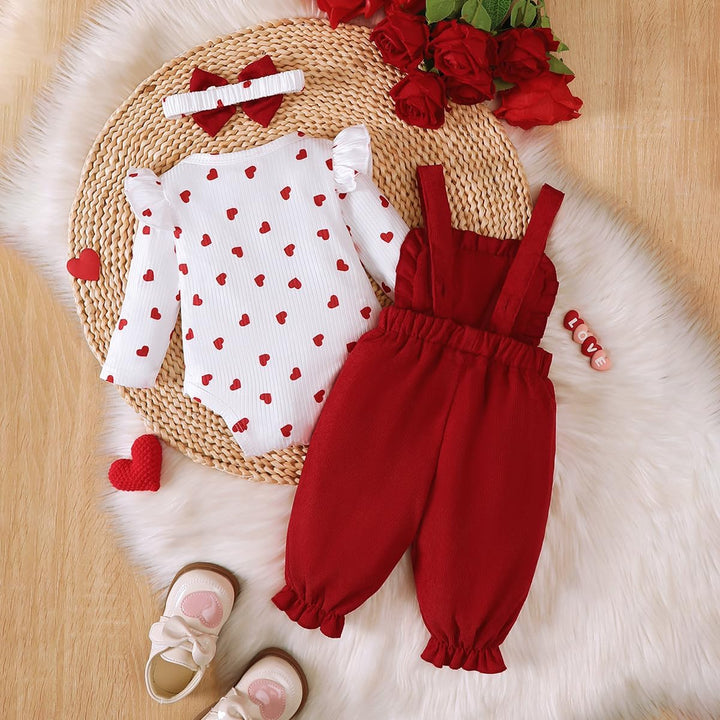 Baby Mädchen Kleidung Langarmshirt Stehkragen Rüschen Cordhose Trägern 3-6 Monate Claret Heart, 3-6