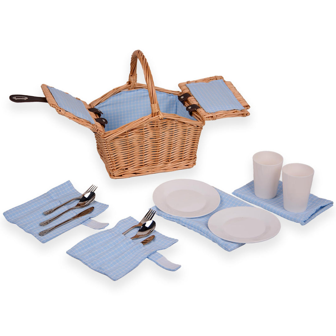 UNUS® Picknickkorb für Kinder rechteckig aus Weide mit Stoffauskleidung blau, Komplettset für 2 Pers