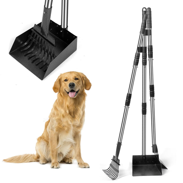 Hundekotschaufel Set mit 96cm langem Griff – Abnehmbares Metalltablett, Rechen & Spaten für grosse,
