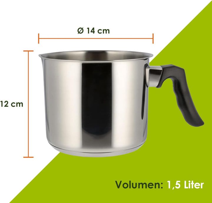 Level One Topf Kochtopf Milchtopf 14 cm Induktion, Edelstahl unbeschichtet | 12 cm hoher Rand, 1,5 L
