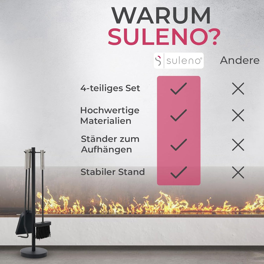 SULENO Kaminbesteck DUBLIN 4-teilig Kamingarnitur mit Ascheschaufel Besen Schürhaken, Kaminset & Hal