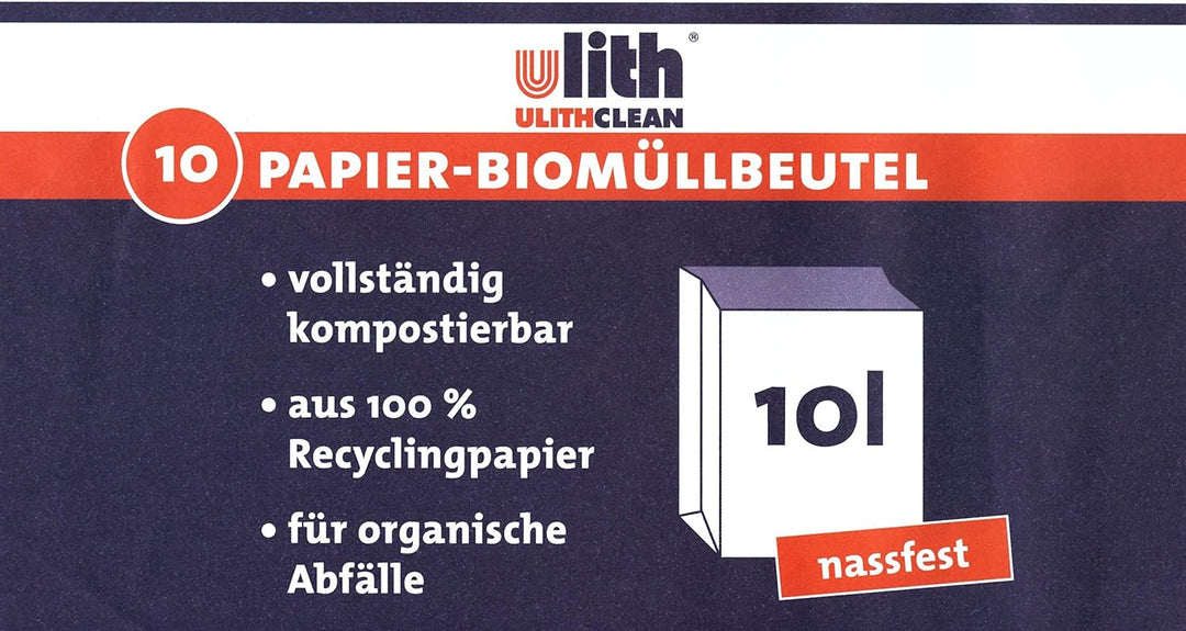 UlithClean Bioabfalltüte, Kompostbeutel, Biobeutel aus Papier, nassfest, 10 Liter, 270x200x160 mm, P