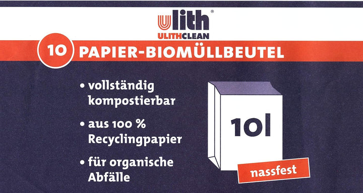 UlithClean Bioabfalltüte, Kompostbeutel, Biobeutel aus Papier, nassfest, 10 Liter, 270x200x160 mm, P