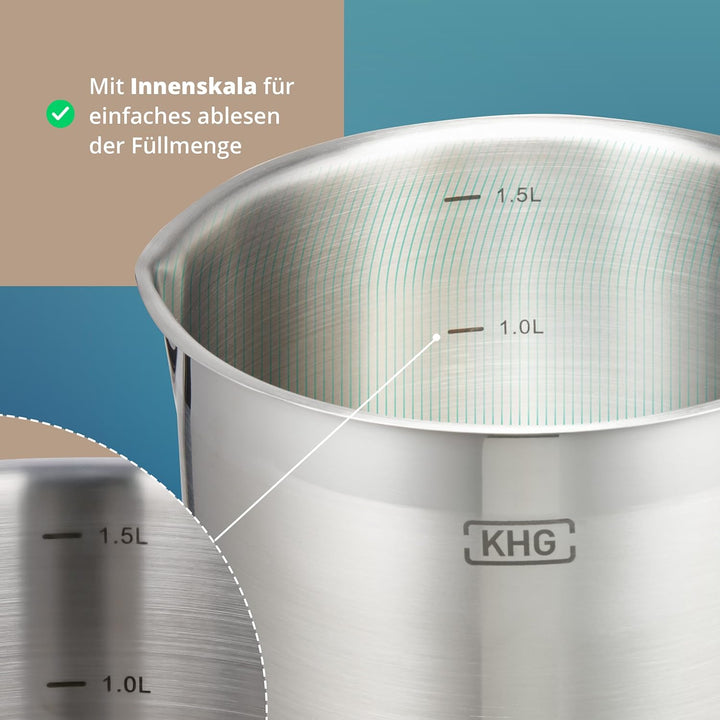 KHG Topf Kochtopf Milchtopf 14 cm Induktion, Edelstahl unbeschichtet | 11,5 cm hoher Rand, 1,5 Liter