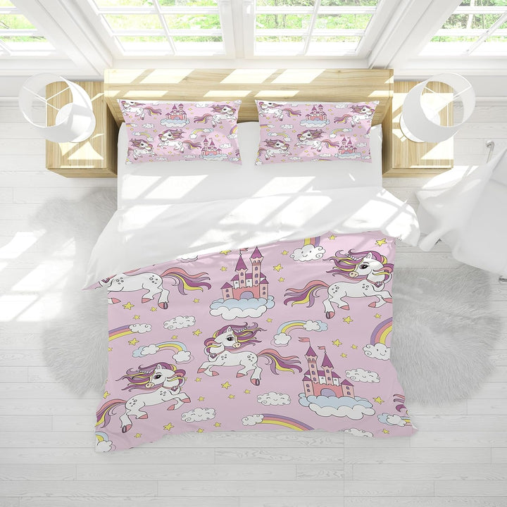 Hoimlm Einhorn Bettwäsche,Kinder Bettwäsche Set mit Bettbezug and 2 Kissenbezug,Cartoon Einhorn mikr