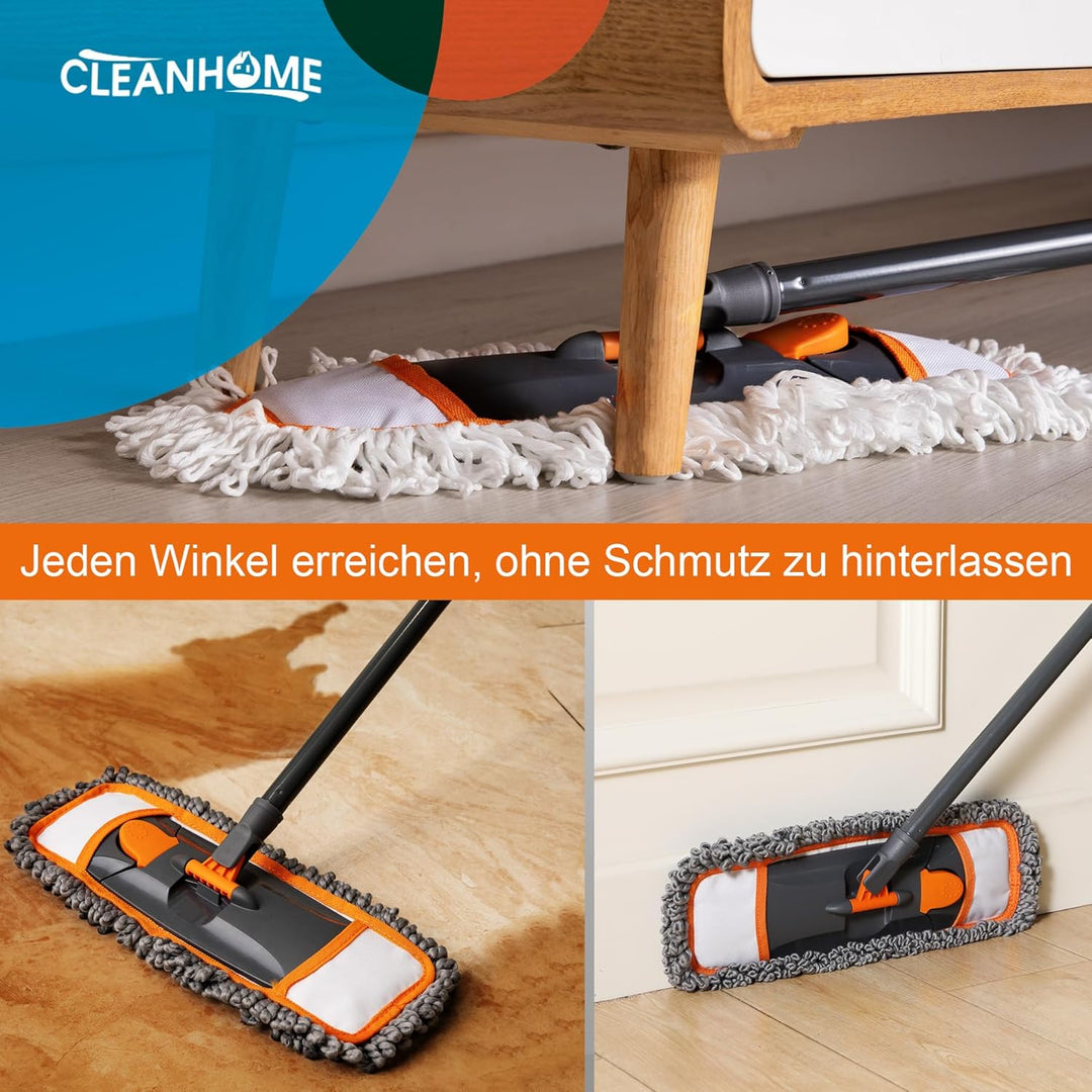 CLEANHOME Bodenwischer Set mit 3 Waschbare Fasermopp-Pads und Ausziehbaren Langen Stiel（112-140CM）,