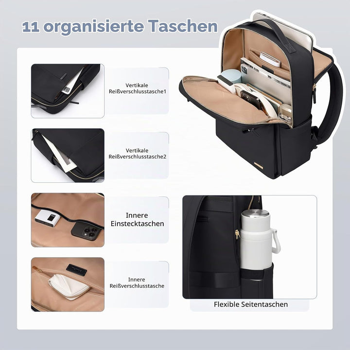 Rucksack Damen Laptop Reise Schulrucksack 15.6 Zoll mit Laptopfach, Wasserdicht Multifunktionaler Lä