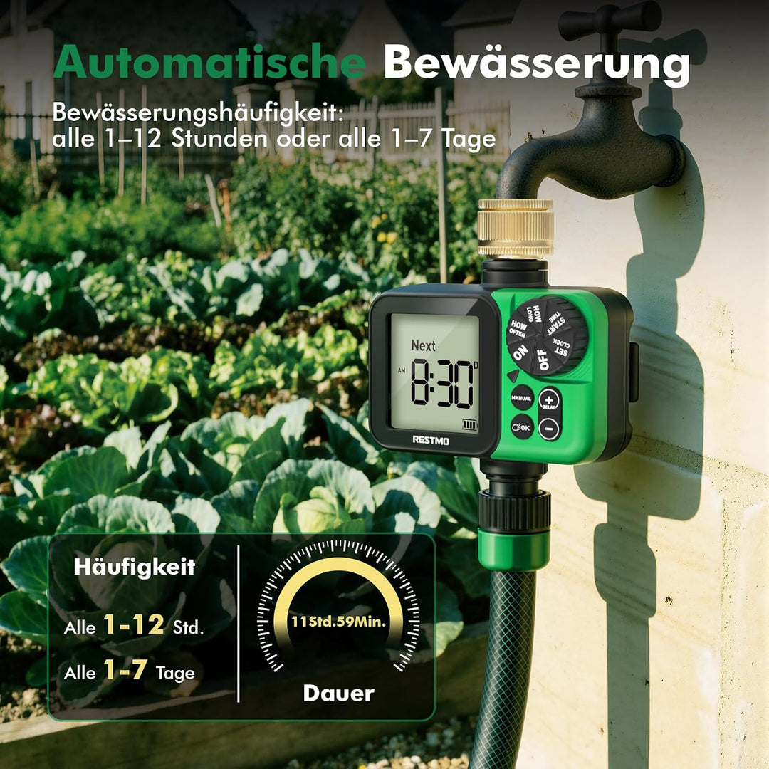 RESTMO 1-Zonen Bewässerungscomputer, Bewässerungsuhr für Garten | grosses Display, automatisch/manue