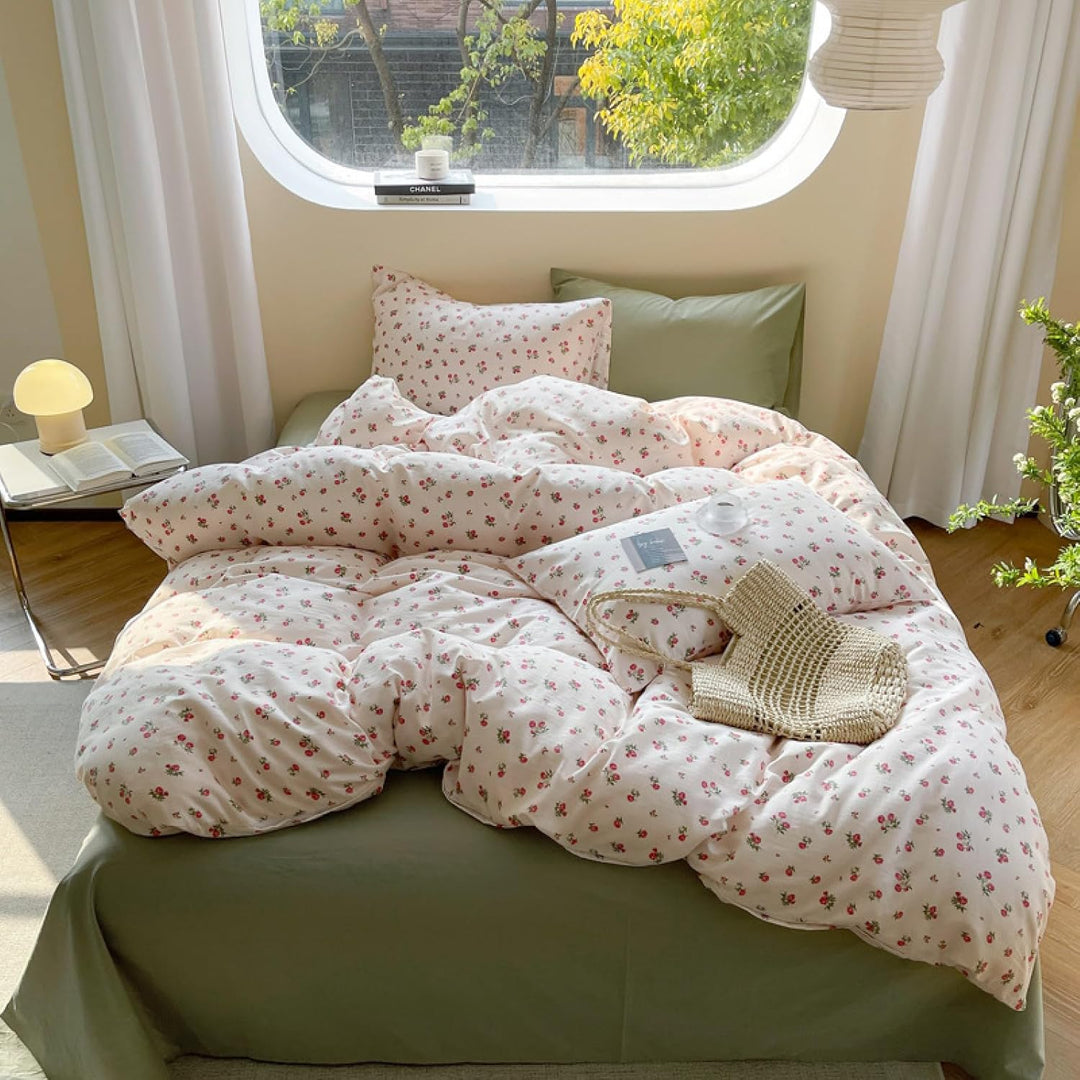 Freyamy Blumen Bettwäsche 135x200cm 2teilig Beige Rot Grün Floral Mädchen Wende Bettwaren-Sets Blume