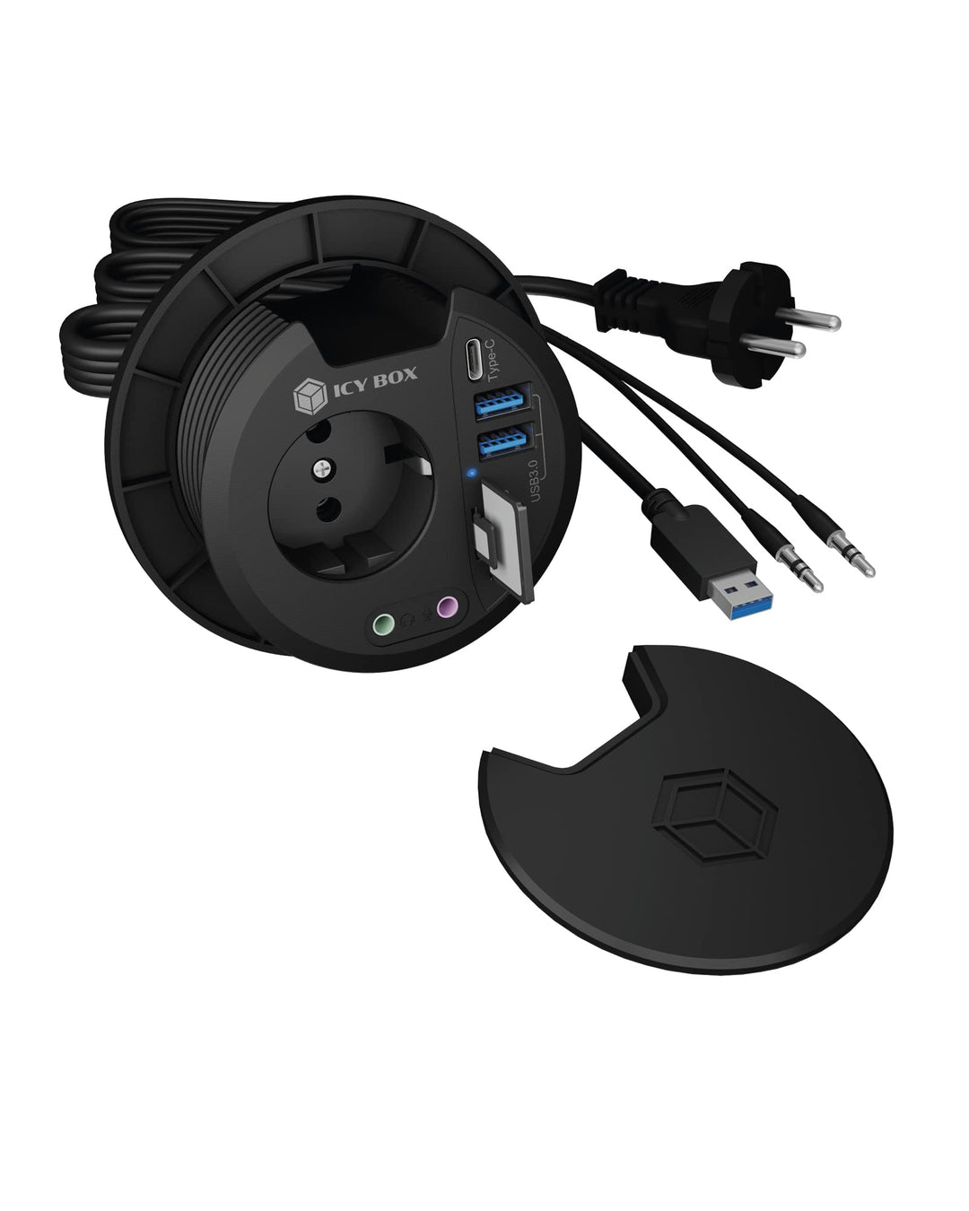 ICY BOX Tisch-Hub mit SD/microSD Kartenleser, 2X Type-A, USB-C, 2X 3,5 mm Audio, IB-HUB1430-CR, 80 m