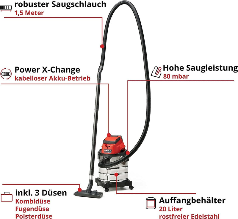 Einhell Akku-Nass-Trockensauger TC-VC 18/20 Li S-Solo Power X-Change (Li-Ion, 18V, Edelstahlbehälter