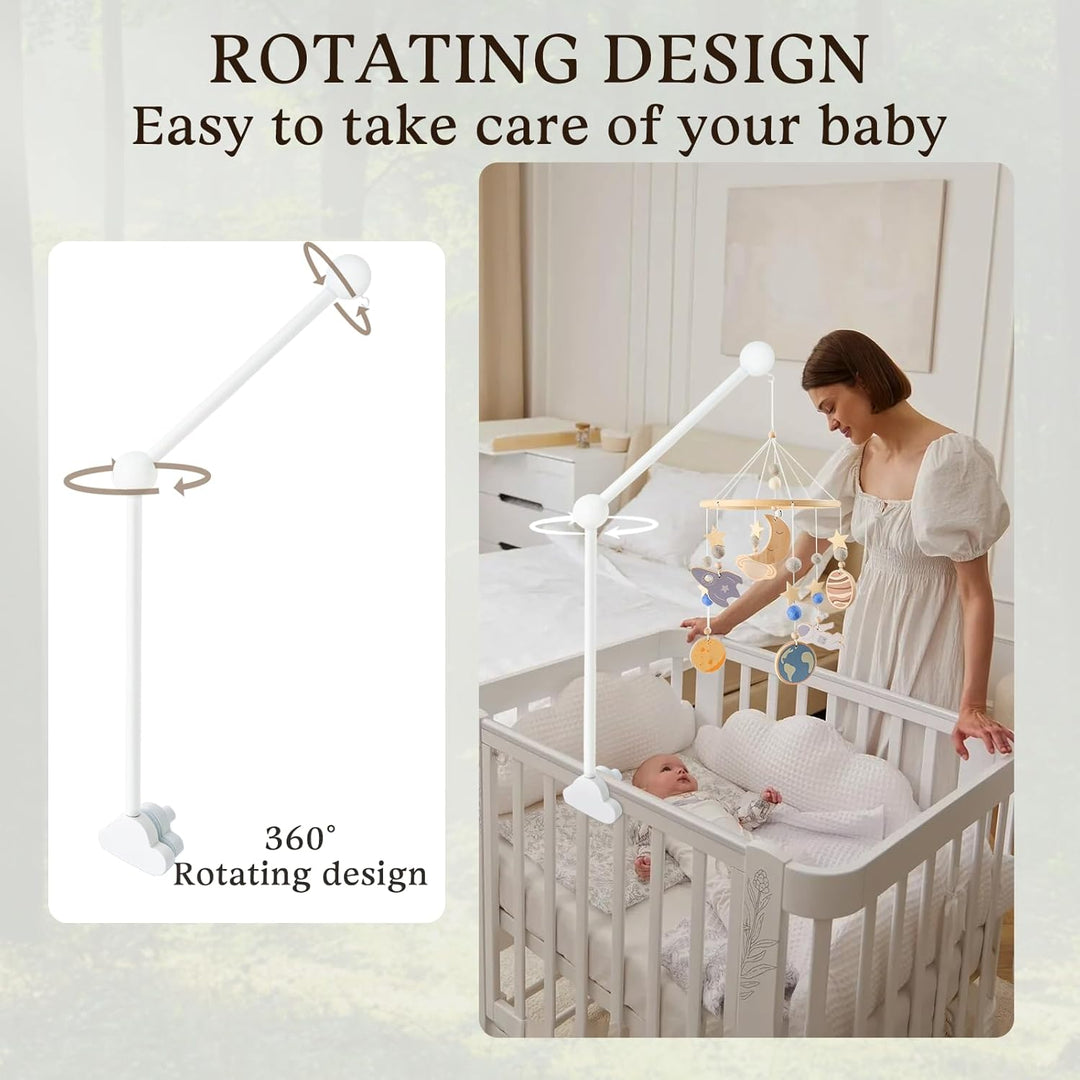 Mobile Halterung Holz für Babybett, Mobile Ständer Weiss Wolken Design, 360°Drehbar Baby Mobile Aufh