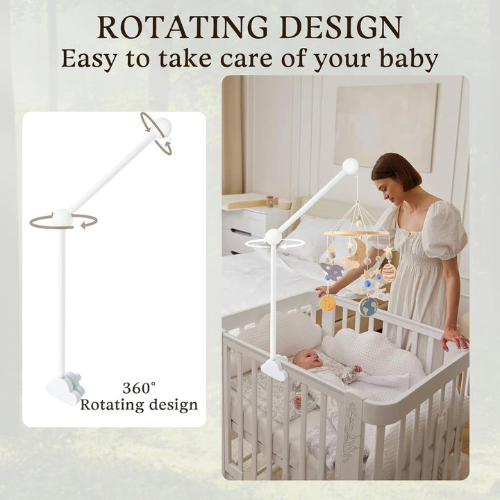 Mobile Halterung Holz für Babybett, Mobile Ständer Weiss Wolken Design, 360°Drehbar Baby Mobile Aufh