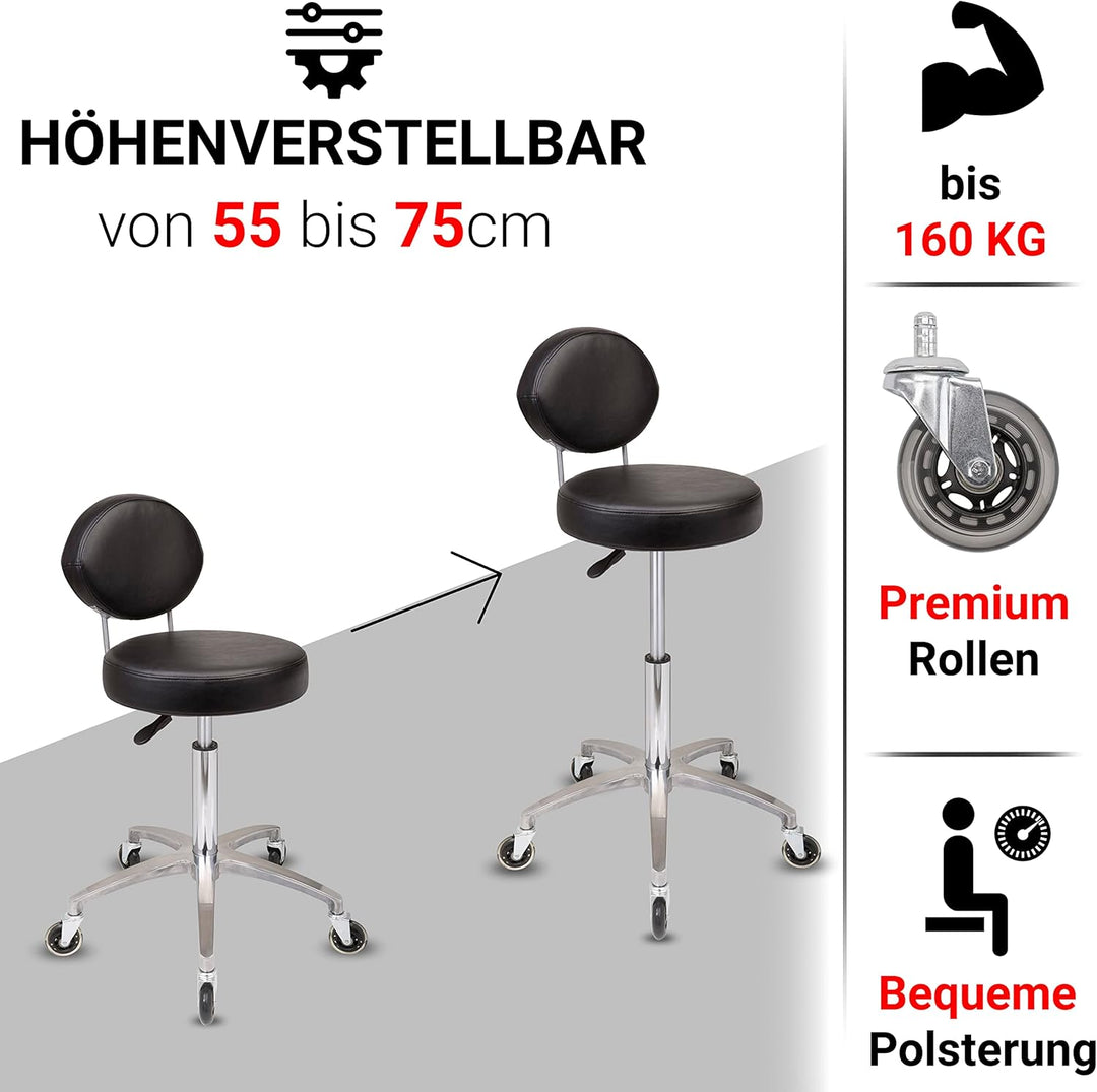 Staboos Rollhocker bis 160 kg - Premium Sitz rund mit Lehne - Praxishocker (Premium Rollen) Drehhock