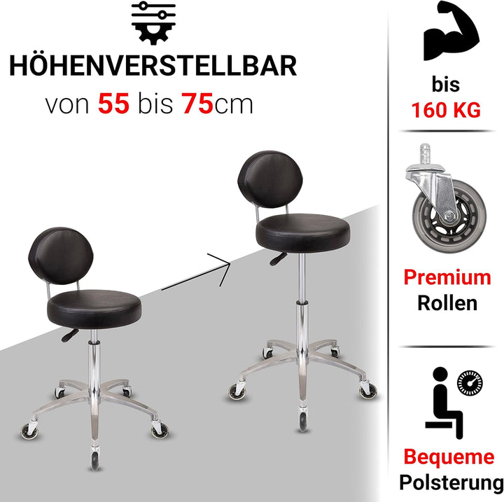 Staboos Rollhocker bis 160 kg - Premium Sitz rund mit Lehne - Praxishocker (Premium Rollen) Drehhock