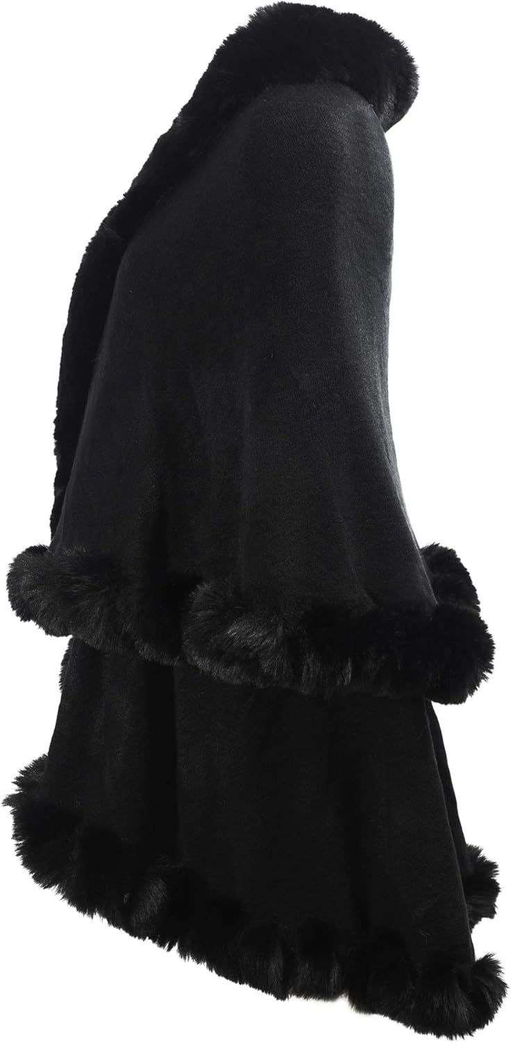 ZLYC Damen Winter Kunstpelz Poncho Strick Schal Stola Warm Cape Cardigan Normales Schwarz, Normales