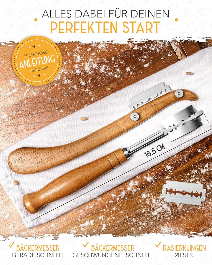 KRUSTENZAUBER Dänischer Schneebesen & Bäckermesser 2er Set [inkl. 20 Rasierklingen] - Teigbesen, Dan