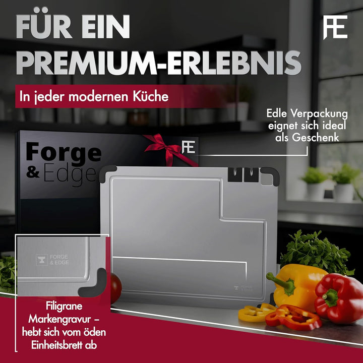 FORGE & EDGE Schneidebrett Edelstahl - Premium cutting board mit integriertem Messerschärfer, Saftri