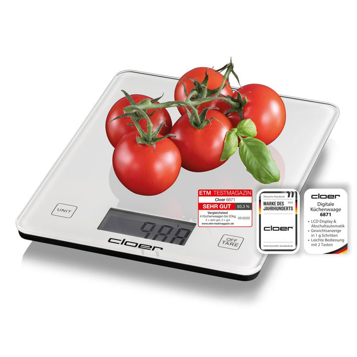 Cloer 6871 Digitale Küchenwaage für bis zu 10 kg, Zuwiegefunktion, Gewichtsmessung in 1 g Schritten,