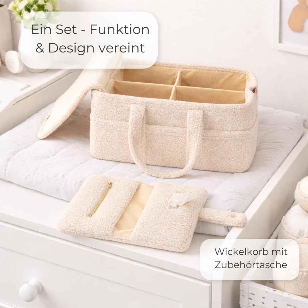 TALIDA Wickelkorb Teddy Set - Wickelorganizer mit Zubehörtasche – Aufbewahrungskorb für Feuchttücher