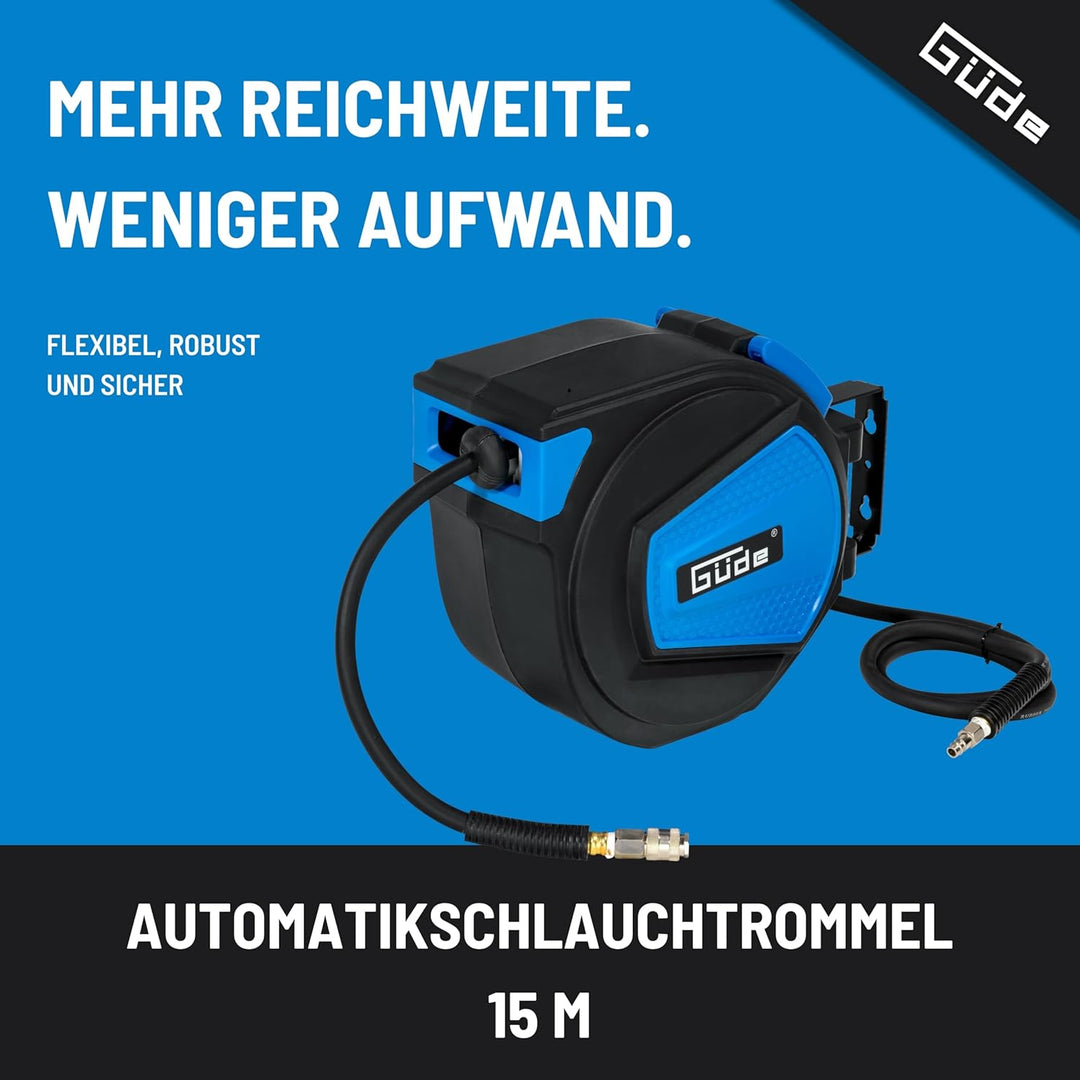 Güde 02882 Automatik Schlauchtrommel 15M (12 Bar max. Arbeitsdruck, 9,5mm Innendurchmesser, 3mm Stär