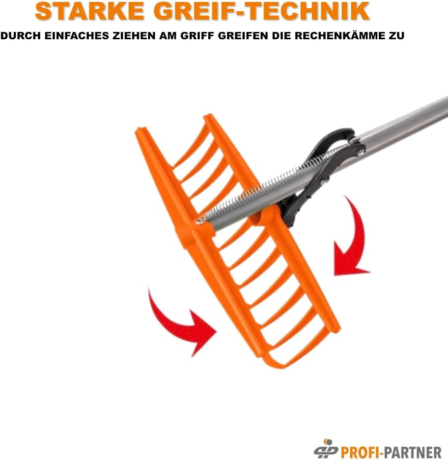 Greif-Rechen mit langem Stiel, Laubrechen mit Greiffunktion, Fächerbesen, Gartengerät zum Laub entfe