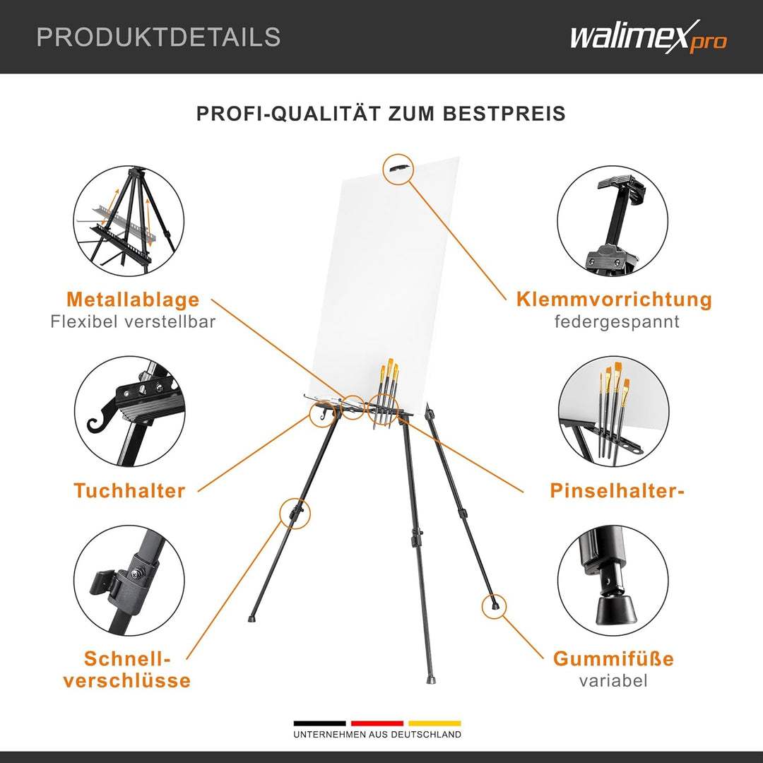 Walimex pro Staffelei L 50-165 cm, Leinwandstaffelei aus Aluminium inkl. Transporttasche, Feldstaffe
