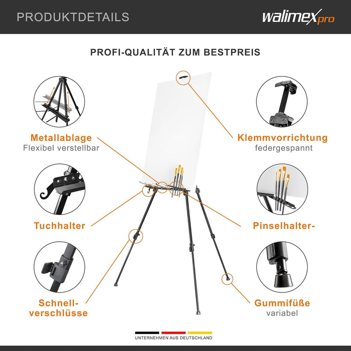 Walimex pro Staffelei L 50-165 cm, Leinwandstaffelei aus Aluminium inkl. Transporttasche, Feldstaffe