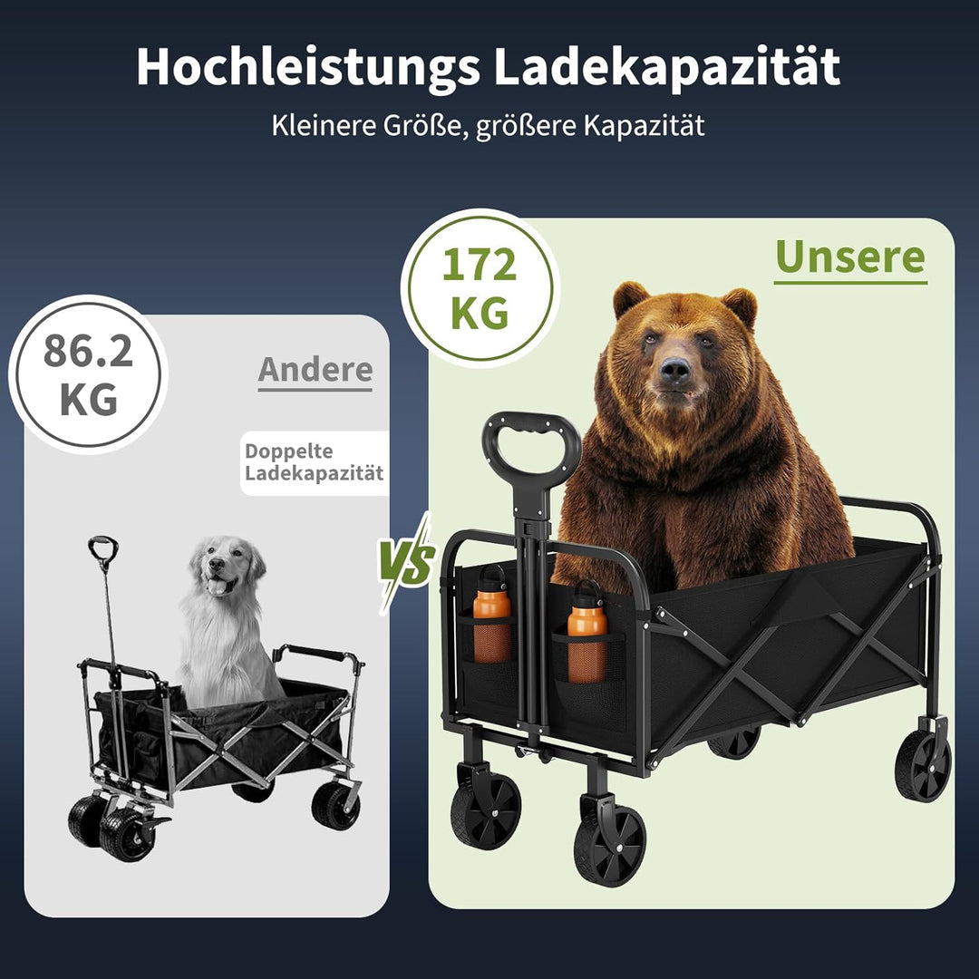 220L Faltbarer Schwerlast Bollerwagen, 172kg-200kg Traglast Transportwagen mit 360°Geländerädern,Sta