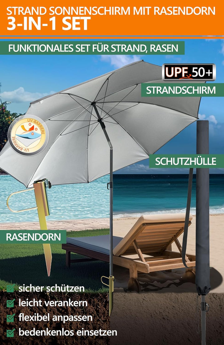 4smile SunnyJoy 3-IN-1 Set mit Sonnenschirm Strand in Anthrazit - Strandschirm windfest stabil 180 c